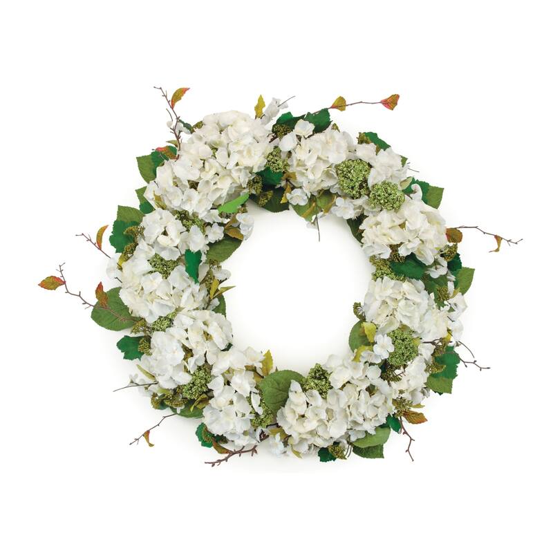 Hydrangea and Sedum Artificial Spring Floral Wreath - 32" - White and Green