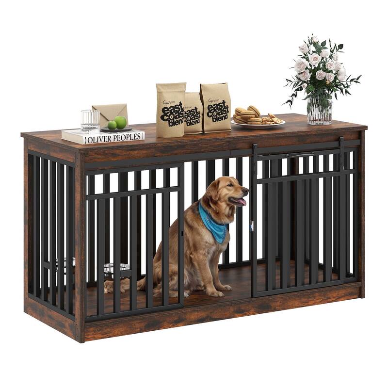 55" Large Dog Crate Furniture Dog Kennel with Sliding Doors