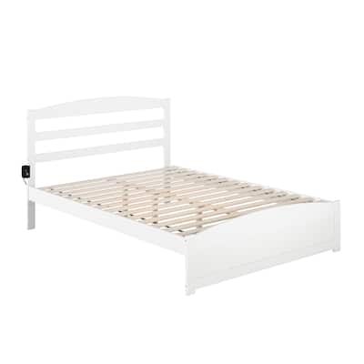 Queen Platform Bed with Footboard & Charging Station - White Finish