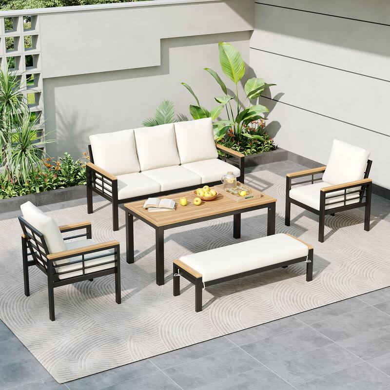 Outdoor 5-Piece Iron Conversation Sofa Set with Coffee Table & Bench