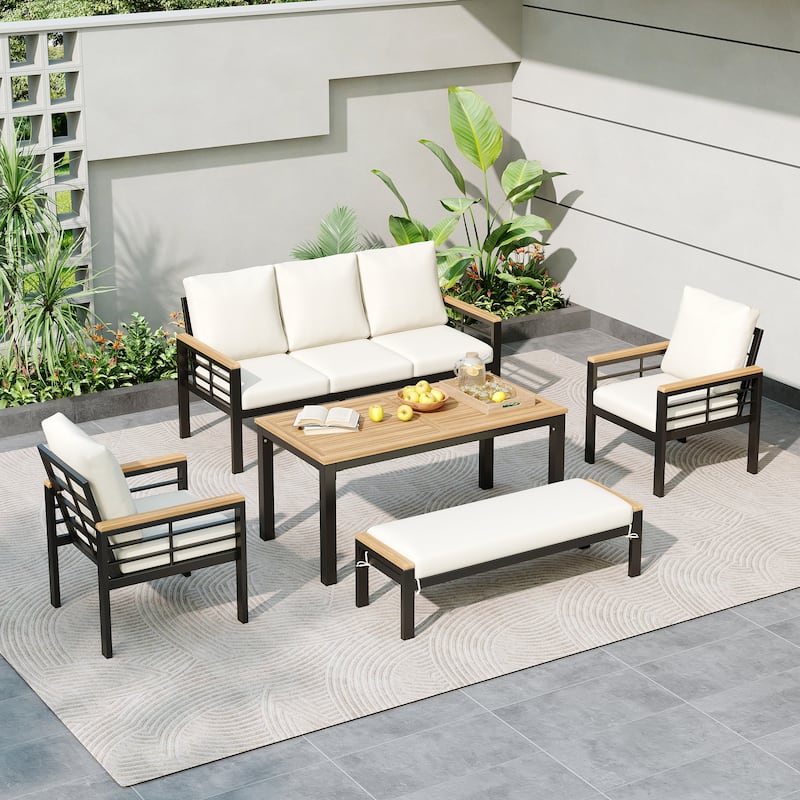 5 Pieces Outdoor Patio Furniture Set with 3-Seat Sofa & Cushions for Backyard, Poolside, Garden
