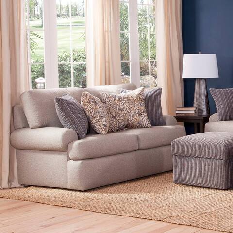 American Furniture Classics Model Nostalgia Series Putty Fabric Rounded Arm Two Cushion Loveseat and 4 Accent Pillows