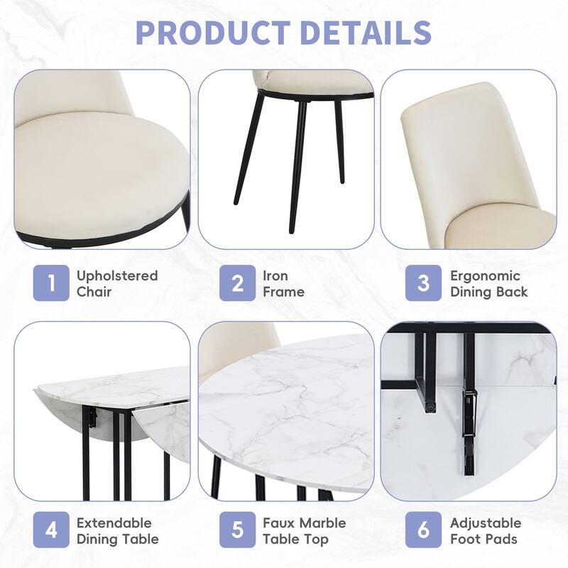 5-Piece Extendable Kitchen Dining Table Set, Round Faux Marble Top with Golden Frame and 4 Upholstered Chairs