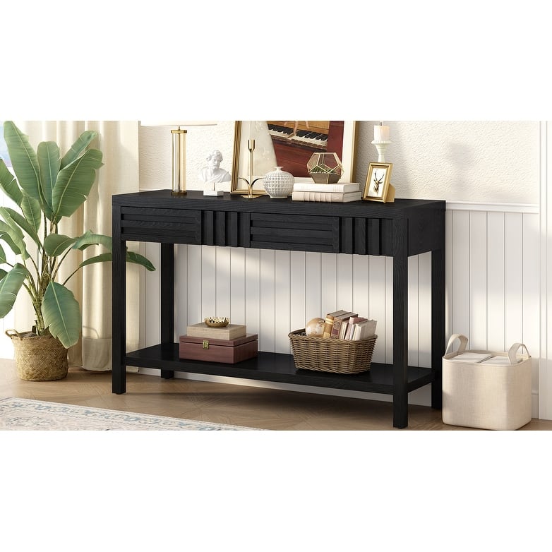 Wooden Console Table, Hallway Tables with 2 Drawers and Open Shelf