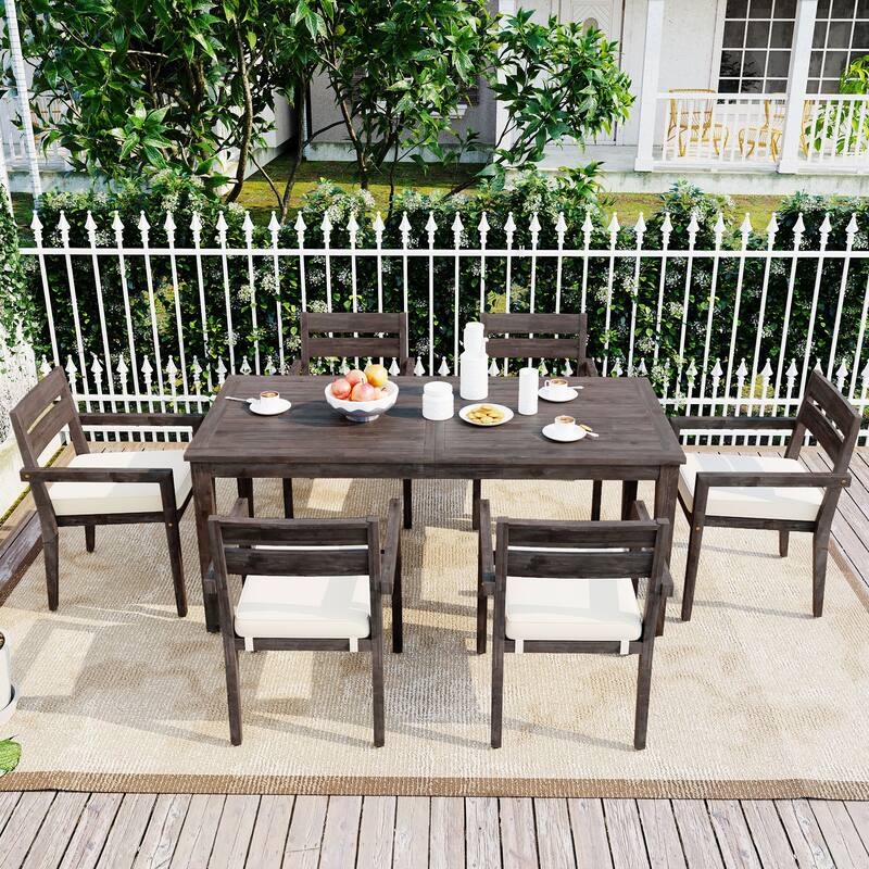 7-Piece Outdoor Patio Dining Set with 6 Armrest Chairs Acacia Wood Outdoor Dining Table and Chairs Set for Patio