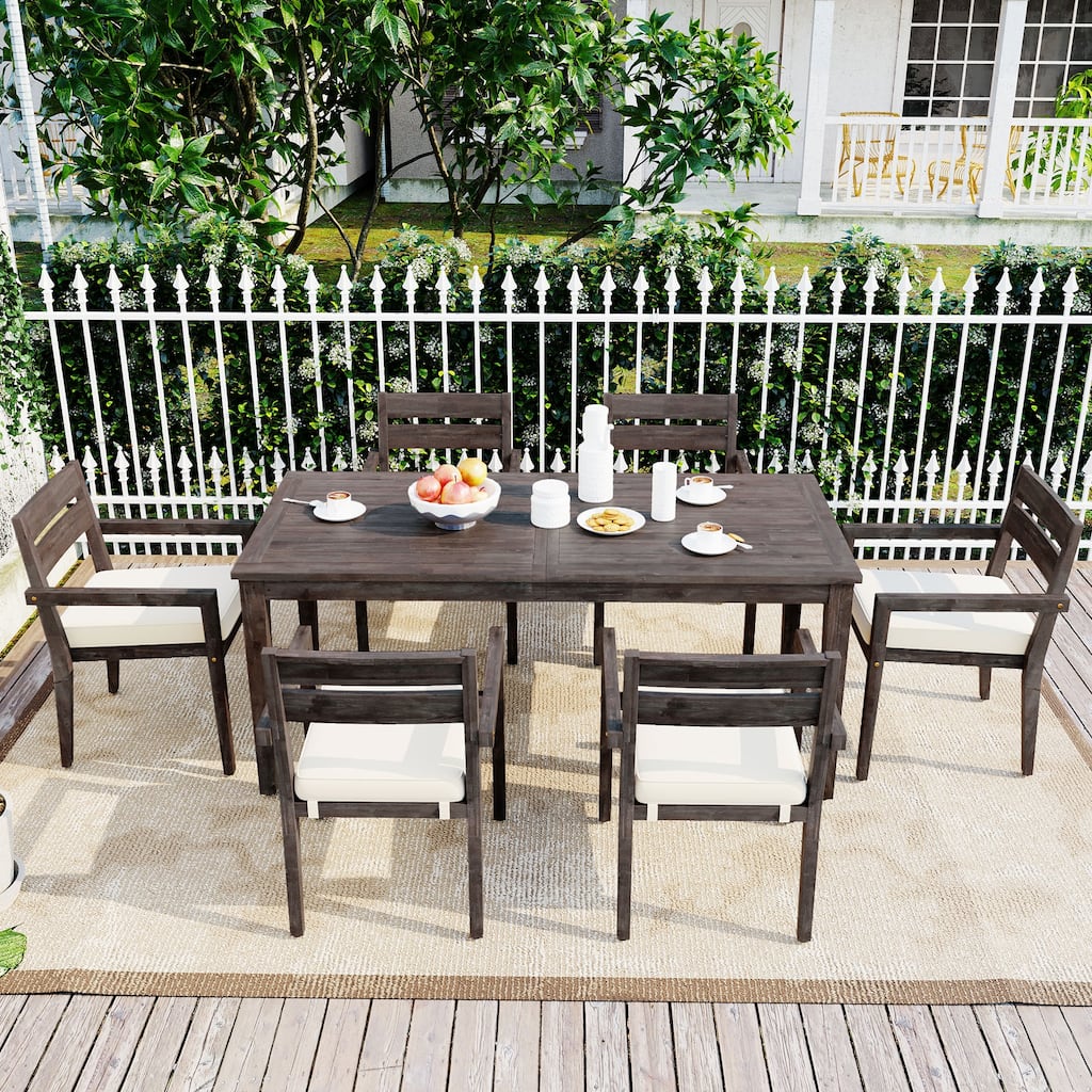 Gray Wood Dining Set 7-Piece Patio Dining Table and Chairs Set with Removable Cushions for Patio Garden