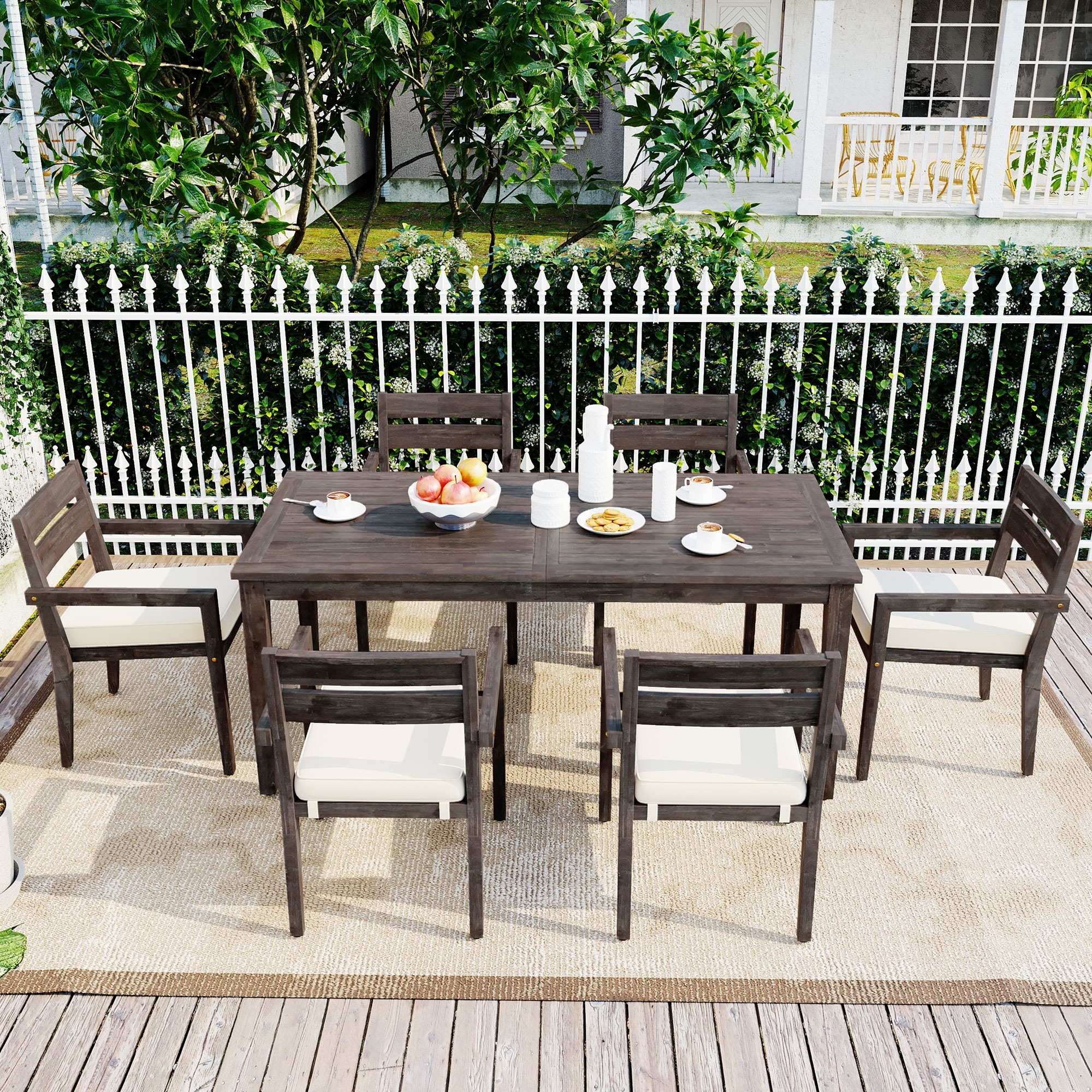 Gray Wood Dining Set 7-Piece Patio Dining Table and Chairs Set with Removable Cushions for Patio Garden