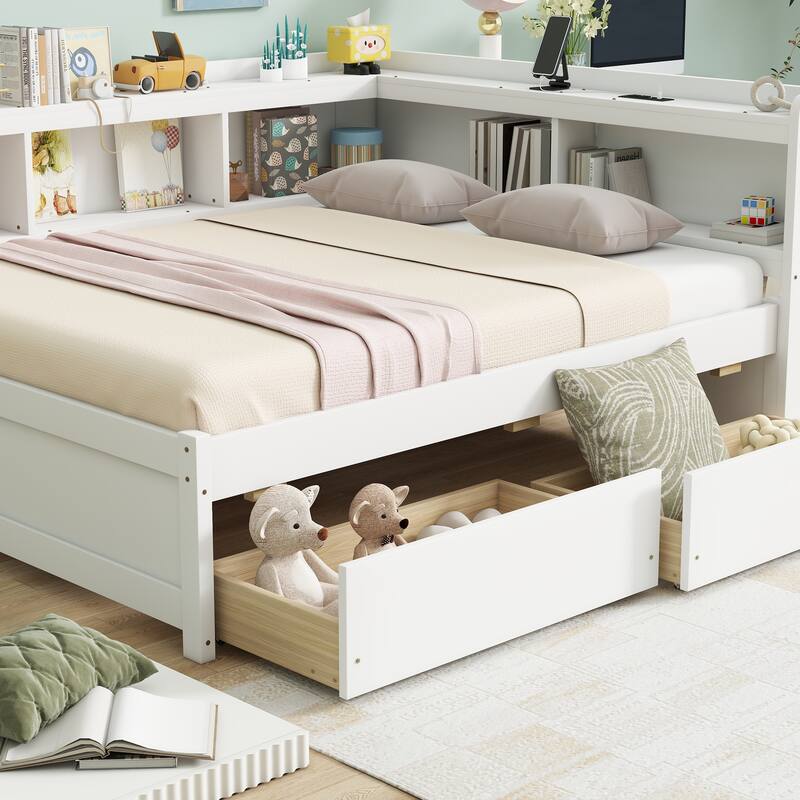 Bed with L-shaped Bookcases, Drawers