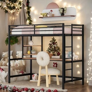 Modern Style Twin Metal Loft Bed with Desk, Shelve, 4-step Ladder and Guardrail, Creative Structure & Good Stability, Espresso