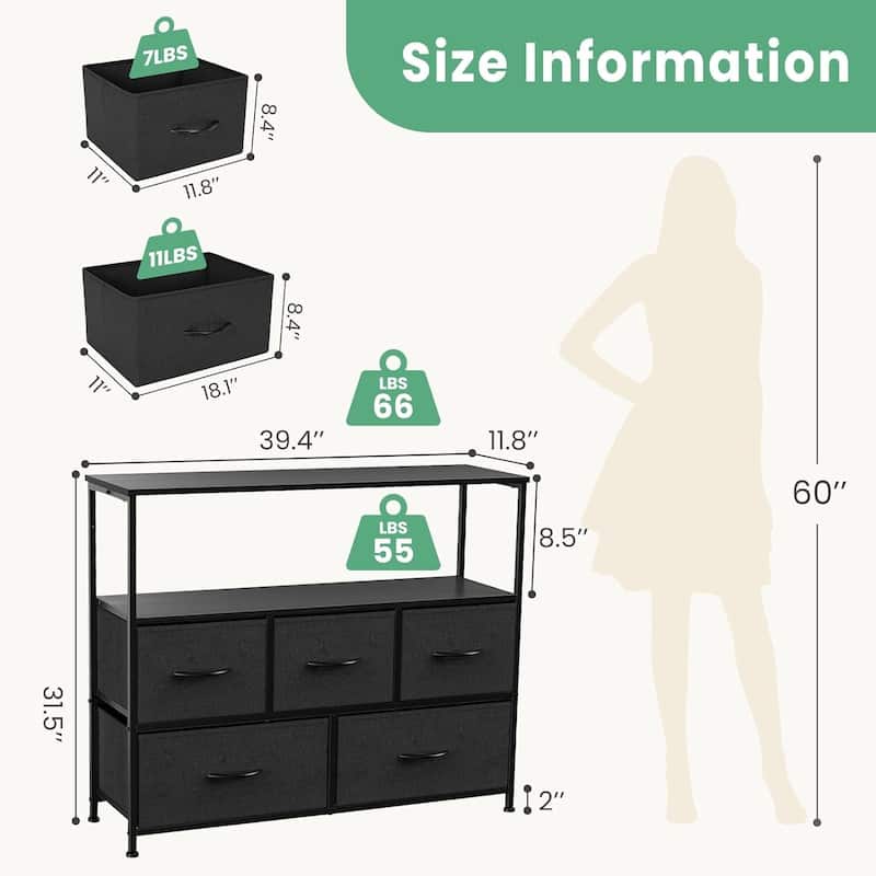 Modern 5 Fabric Drawer 11.8 in. Wide Chest of Drawers with Open Shelf & TV Stand for 45 Inch TV Living Room