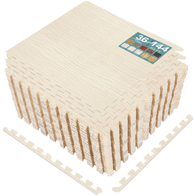 Sorbus 144 Sq. Ft. Wood Grain Floor Tiles Foam Mat EVA Interlocking Mats Tile 3/8-Inch Thick Flooring Wood Puzzle Exercise Mats - Light Pine Wood Grain
