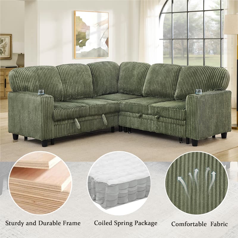 Corduroy Modular Sectional Sleeper Sofa with Pull-Out Bed & Storage, 2-in-1 Convertible Upholstered Sofa Bed with USB Port