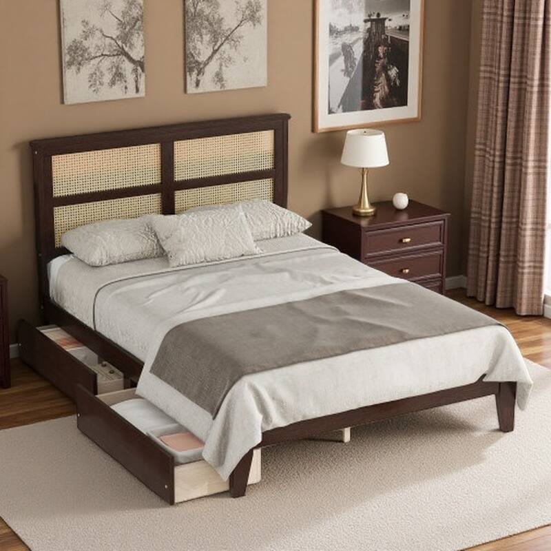 King Size Bed with Rattan Headboard, 2 Under-Bed Storage Drawers, Solid Rubber Wood Frame with Enhanced Support - Full Espresso - Full