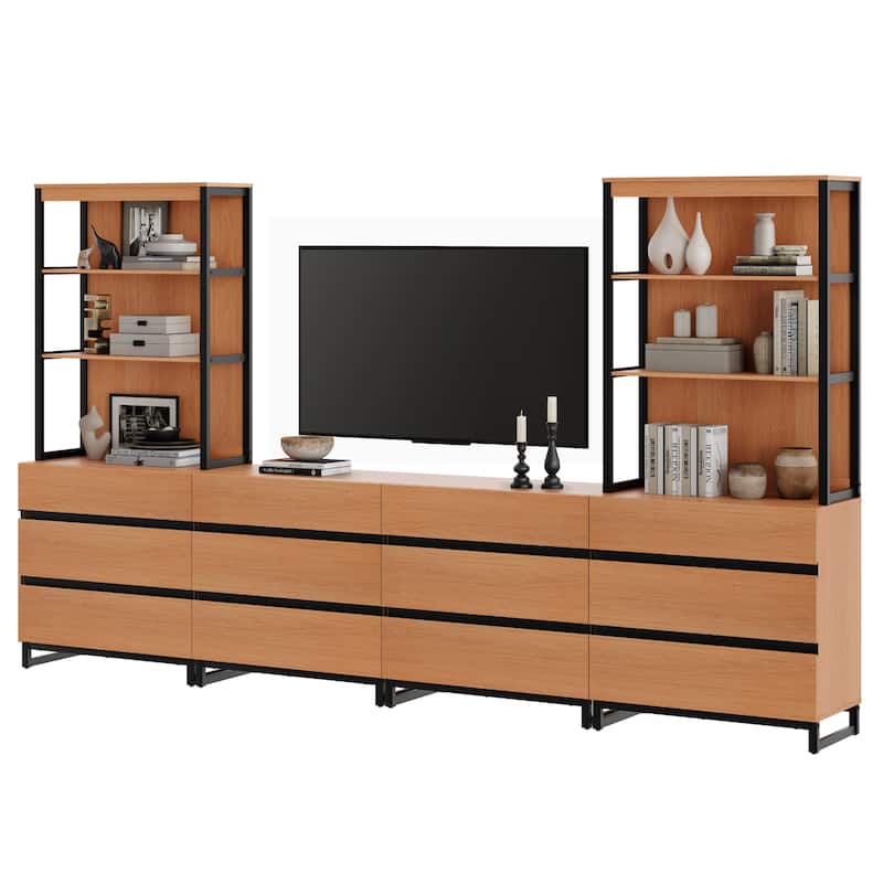 WAMPAT Modern TV Stand with 3 Tiers Bookshelf, Farmhouse Entertainment Center with 12 Drawers and Adjustable Shelf