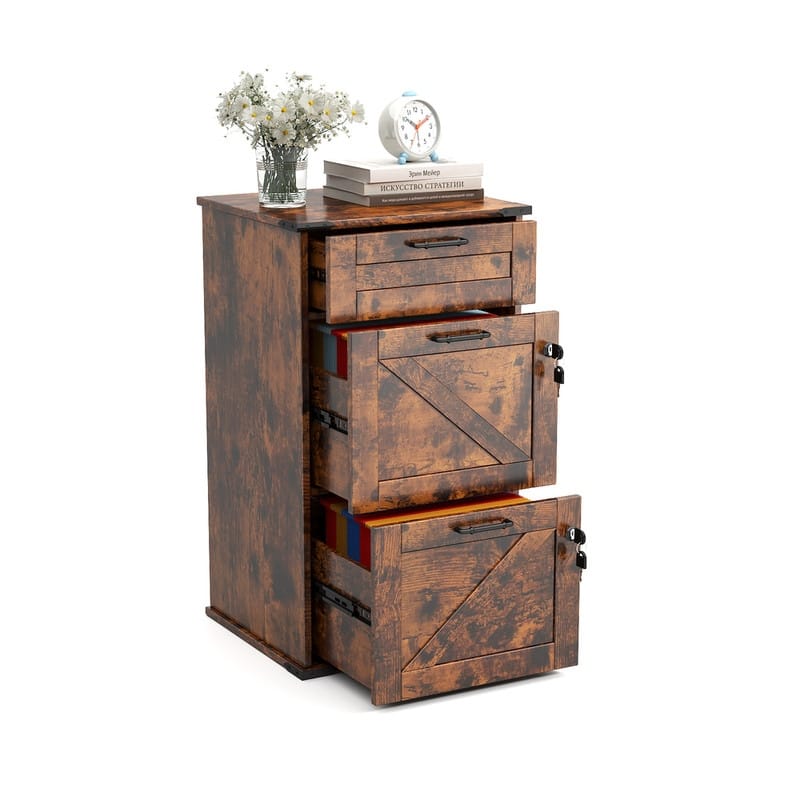Barn Door Wooden 3 Drawers With Lock 30.71"H