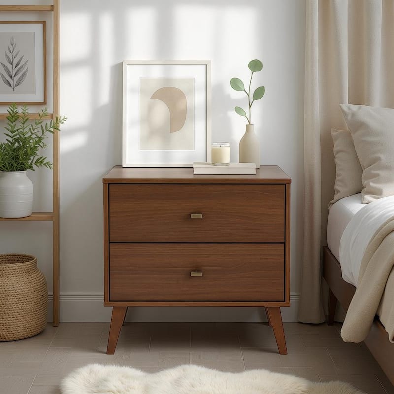 Prepac Milo Mid-Century Modern 2 Drawer Nightstand, Bedside Table, Contemporary Bedroom Furniture