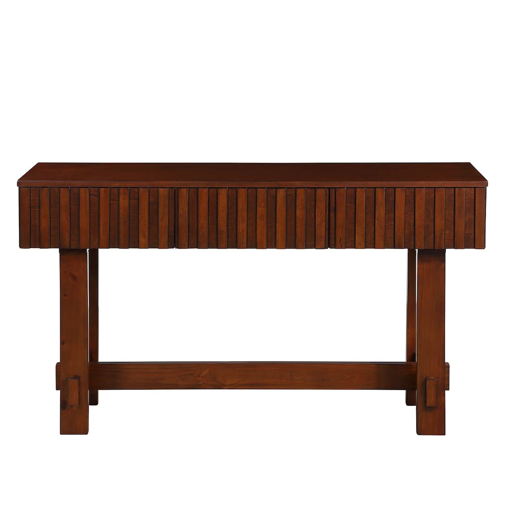 52 Inch Living Room Sofa Table, Rectangular Fluted Entryway Table, Solid Wood Console Table with 3 Storage Drawers