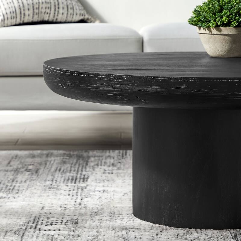 GDF Studio - Caden Modern Wood Veneer Round Coffee Table with Cylindrical Base