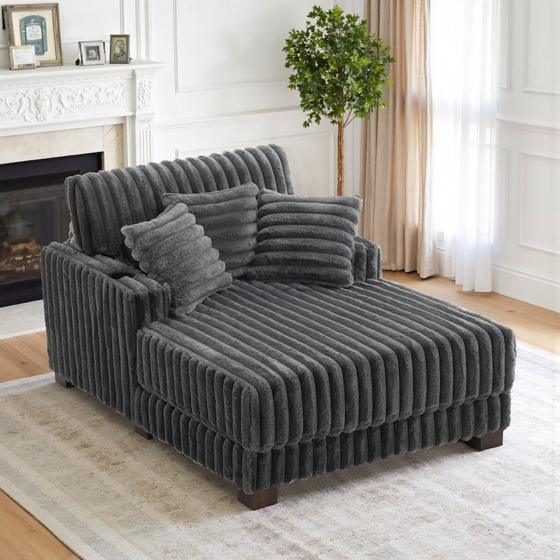 41.7" W Upholstered Plush Corduroy Chaise Lounge withe Pillows - Dark Grey