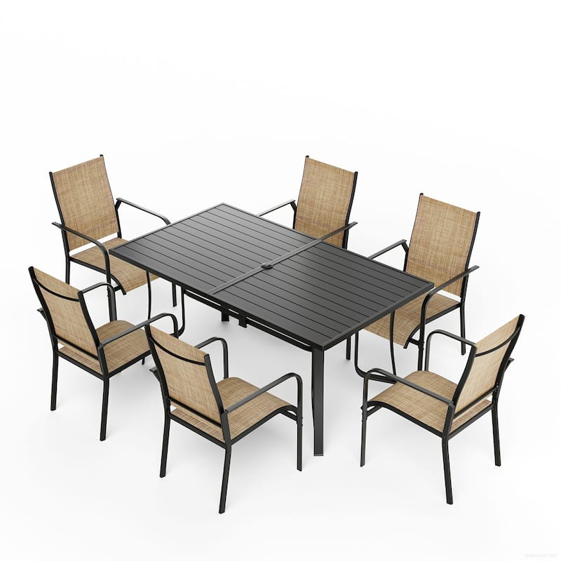5/7/9-Piece Outdoor Patio Dining Set with Stackable Textilene Chairs and Slatted Table, Furniture with Adjustable Umbrella Hole