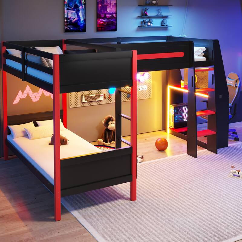 Roomfitters L-Shaped Twin Bunk & Loft Bed with Built-In Gaming Desk, LED Lights, Black and Red