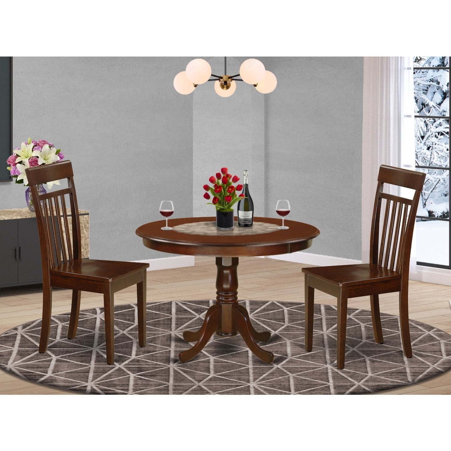 HomeStock 3-Piece Mahogany Finish Solid Wood Top Dining Table with 2 Chairs