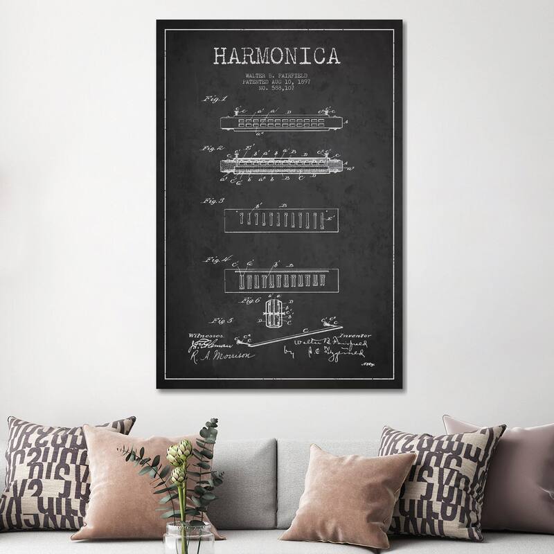 iCanvas "Harmonica Charcoal Patent Blueprint" by Aged Pixel Canvas Print