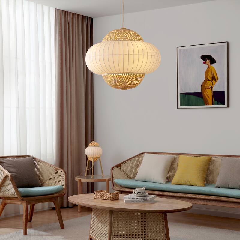 Hikari 60-Watt 4-Light Wood Grain and Natural Pendant Design Pendant Light with Woven Bamboo Shade and Bulb Not Included - Beige/White
