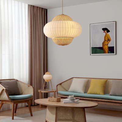 Hikari 60-Watt 4-Light Wood Grain and Natural Pendant Design Pendant Light with Woven Bamboo Shade and Bulb Not Included