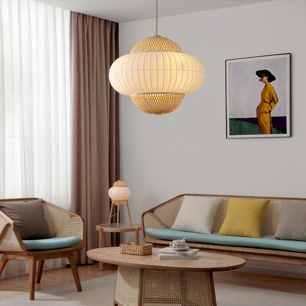 Hikari 60-Watt 4-Light Wood Grain and Natural Pendant Design Pendant Light with Woven Bamboo Shade and Bulb Not Included