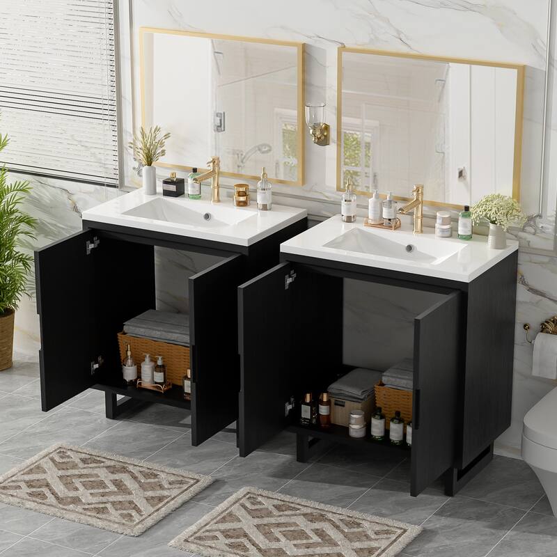 GDFStudio - Transitional Double Bathroom Vanity Set with Resin Sink, Soft Close Doors & Solid Wood Legs, Set of 2