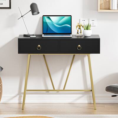Anmytek 35.4" Computer Desk with Drawers Home Office Desk Study Writing Desk Makeup Vanity, Black&Gold