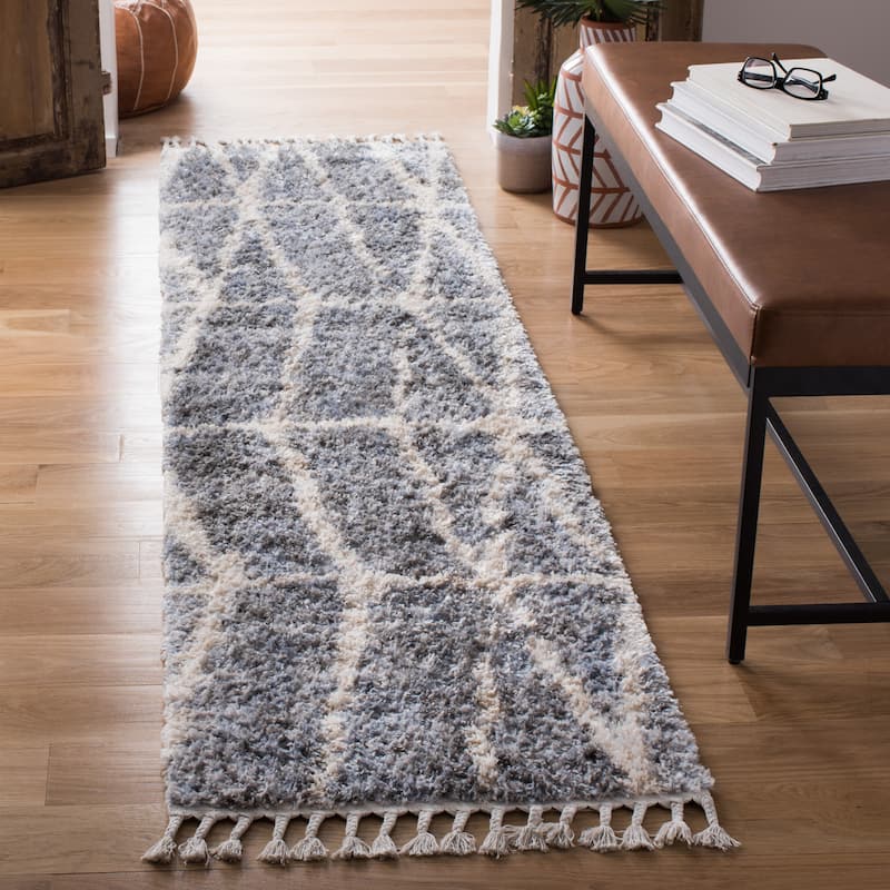 SAFAVIEH Berber Fringe Toyoko Madie Trellis Rug - 2' x 8' Runner - Grey/Cream