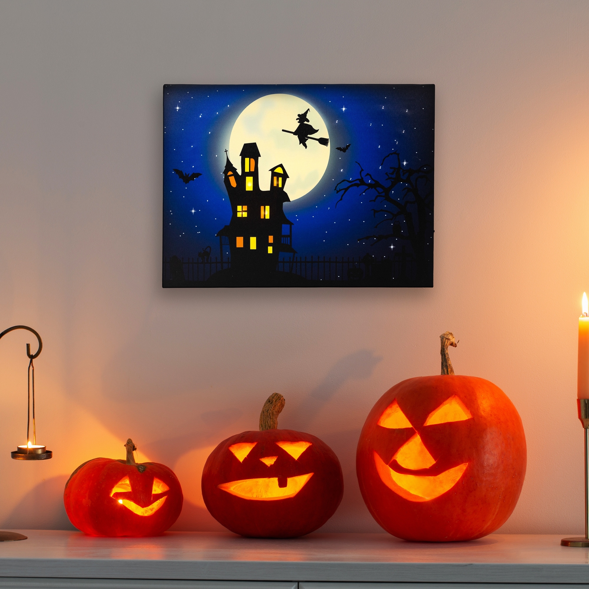 Fiber Optic LED Witch in the Moon Halloween Canvas Art 12" x 15.75"