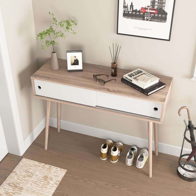 Natural Wood Entryway Console Table with 2 Sliding Doors, Storage Sofa Table for Hallway & Living Room