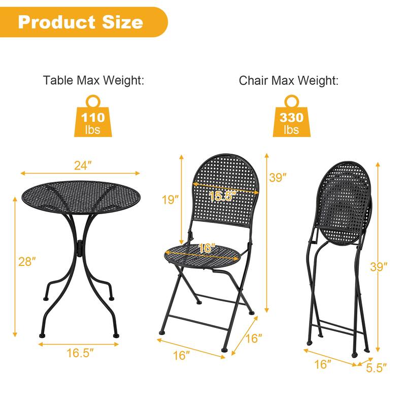 Gymax 3 PCS Patio Bistro Set All-weather Metal Table & Chair Set for 2