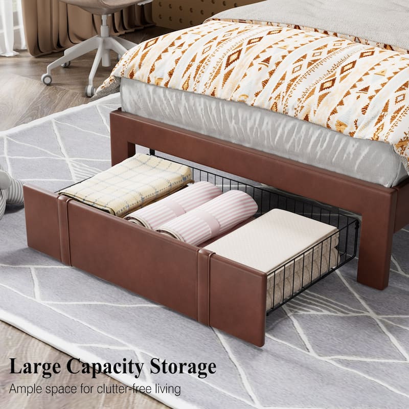 Javlergo 2-Piece Twin Bed Frame Set 39.4-45.3" Adjustable Height PU Leather Headboard with Diamond Embellishment Storage Drawer