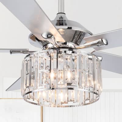 52" Chrome Wooden 5-Blade Modern Crystal Ceiling Fan with Remote