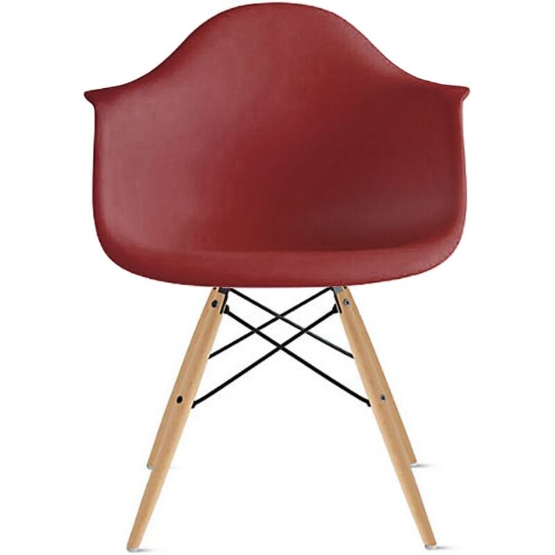 Modern Plastic Dining Chair with Eiffel Dowel Wood Legs – Mid-Century Accent Chair for Kitchen, Dining Room, or Office - Red
