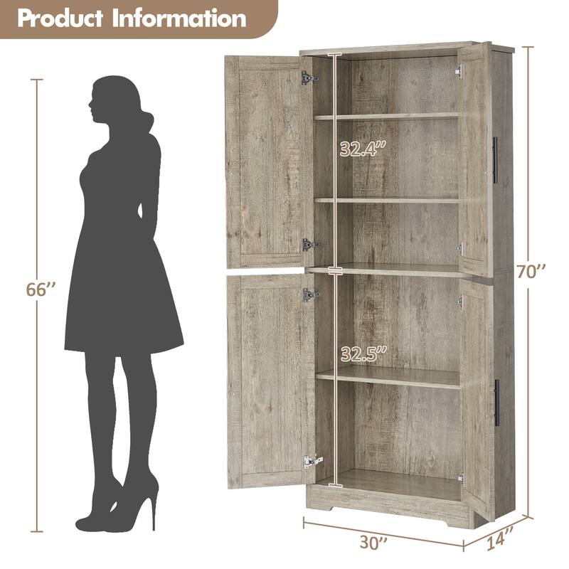 70'' Tall Kitchen Pantry Cabinet, Freestanding Storage Cabinet with 4 Doors and Adjustable Shelves