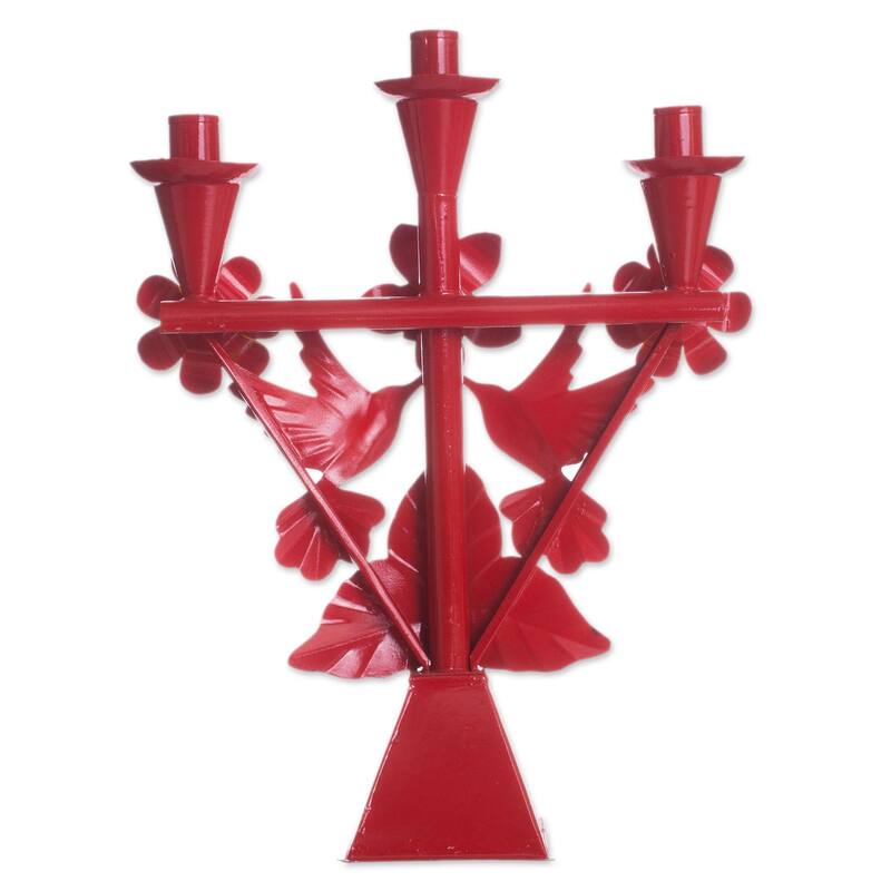 Novica Handmade Hummingbird Temple In Red Recycled Metal Candelabra