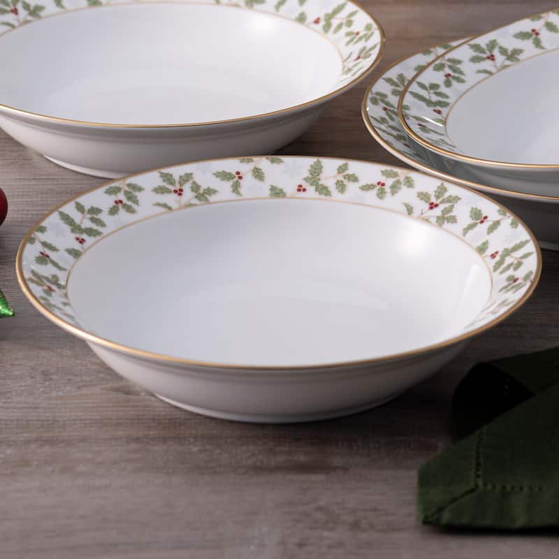 Holly & Berry Gold Set of 4 Rim Dinner Bowls, 10", 25 oz.