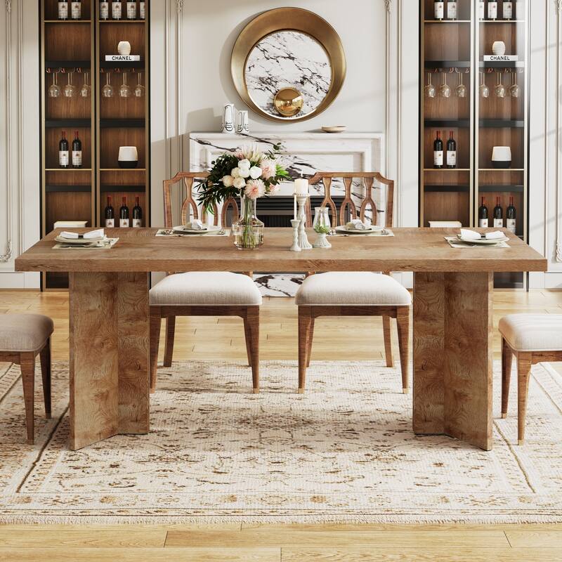 Farmhouse Rectangular Dining Table for 4-6 People - Light Oak Brown