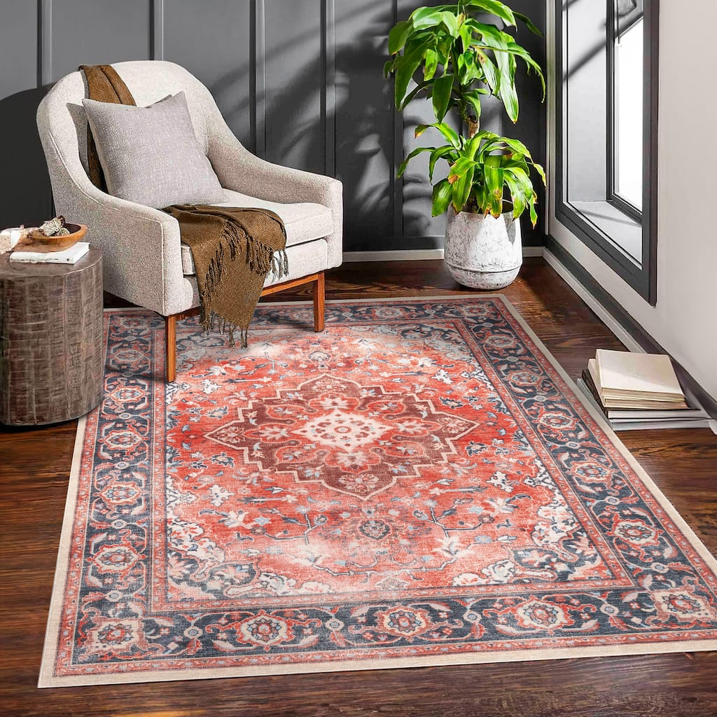 Machine Washable Collection Rust/Brown/Blue Medallion Area Rug