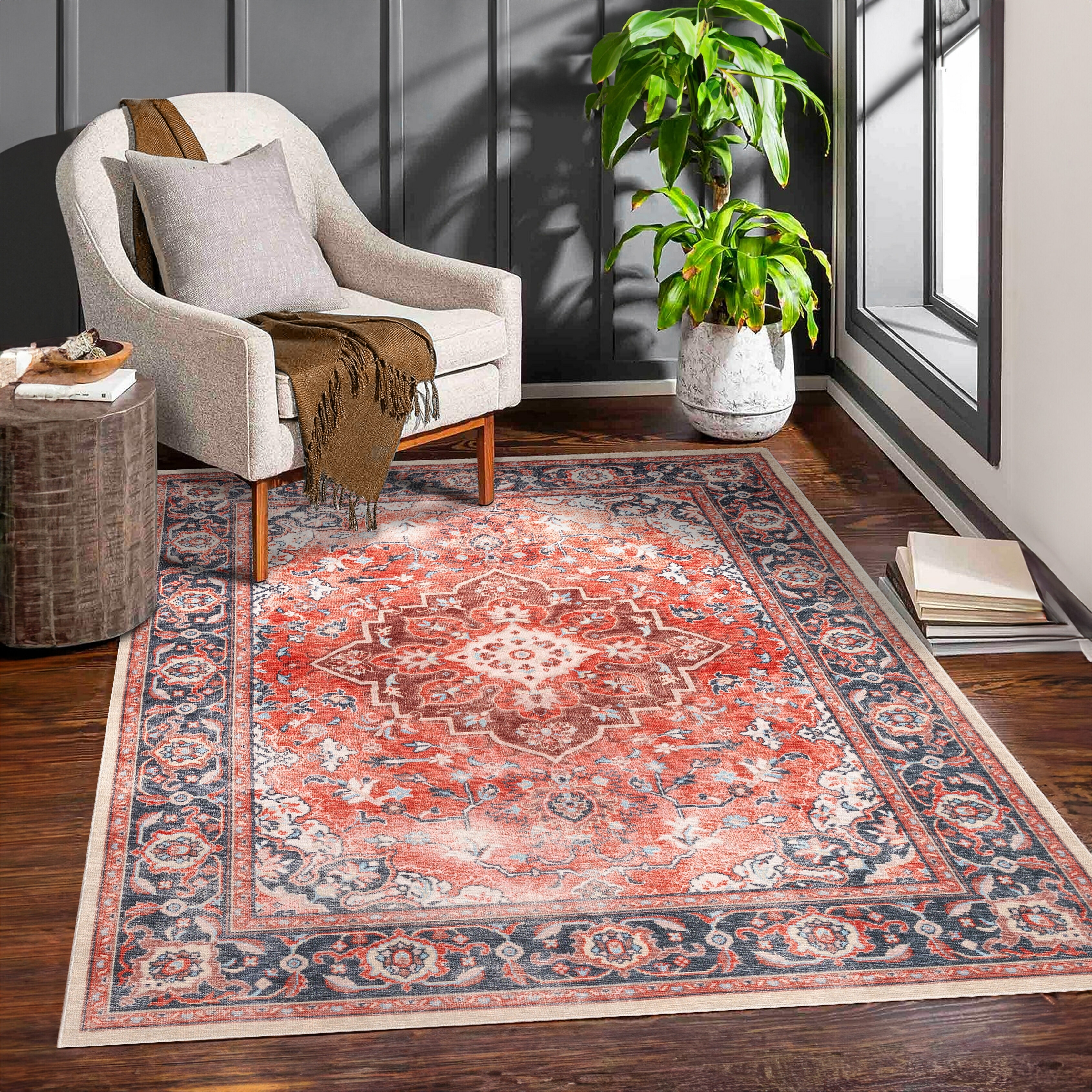 MDA Rugs Machine Washable Collection Rust/Brown/Blue Medallion Area Rug