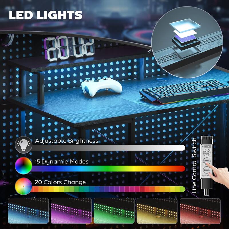 Particleboard and Steel Desk with RGB Lights Monitor Stand Shelves