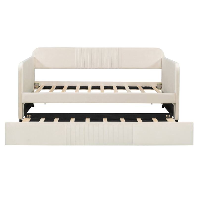 Twin Size Upholstered Daybed Sofa Bed With Trundle Bed and Wood Slat
