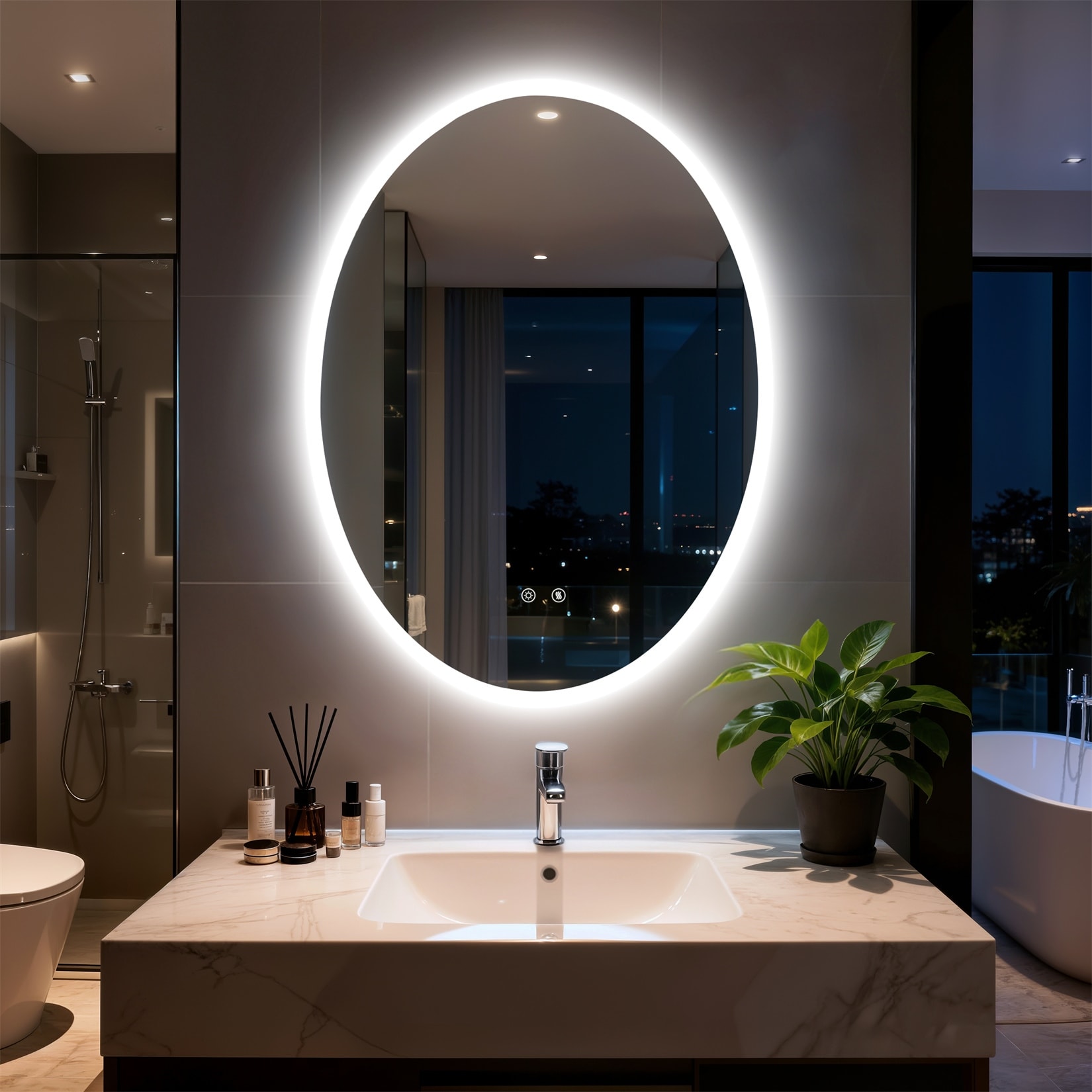 Modern Oval Wall Mounted Bathroom Mirror Backlit Dimmable Defog LED Smart Vanity Mirror