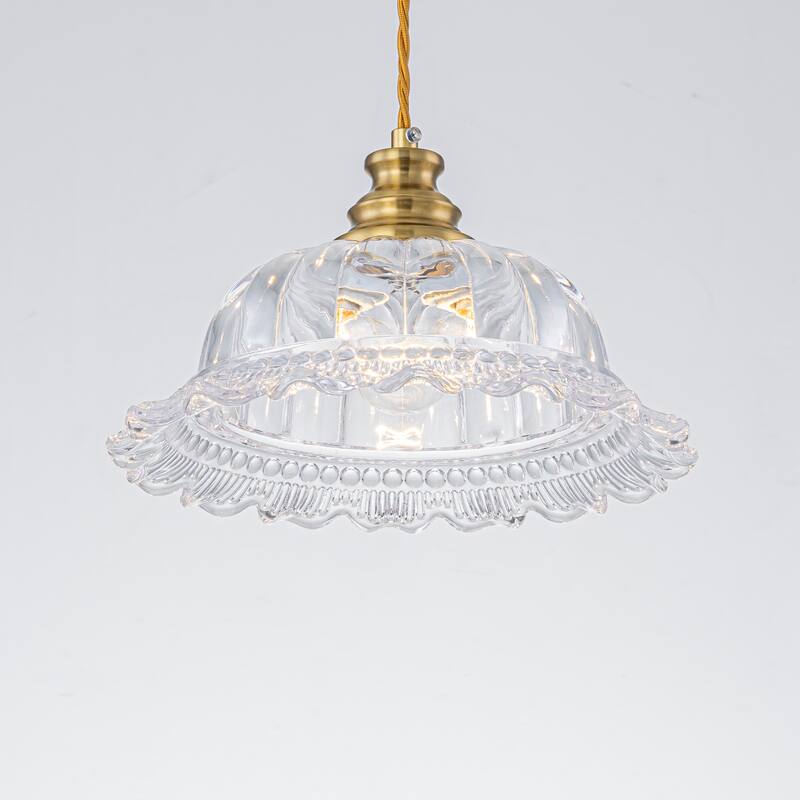 1-Light Modern Brass Glass Flower Pendant Light for Kitchen Island & Dining Area - 9.84 in. Dia x 5.43 in. H