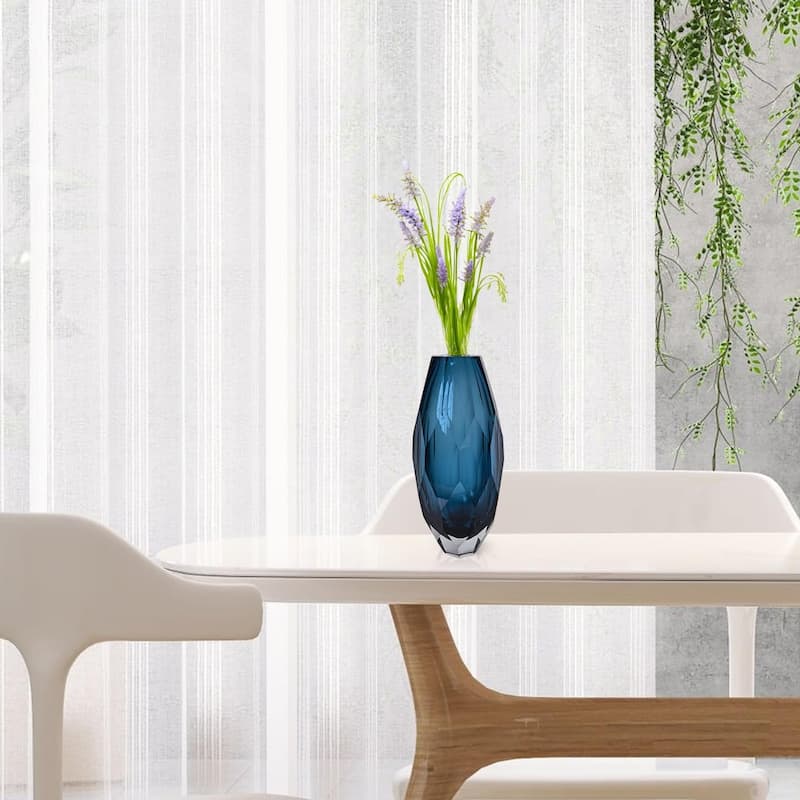 Fancy Tall Blue Cut Glass Vase Art Deco Geometric Design Decor